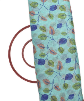 cyan and green leaf print kota doria fabric